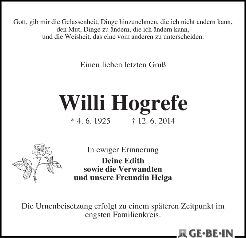 Traueranzeige von Willi Hogrefe von WESER-KURIER