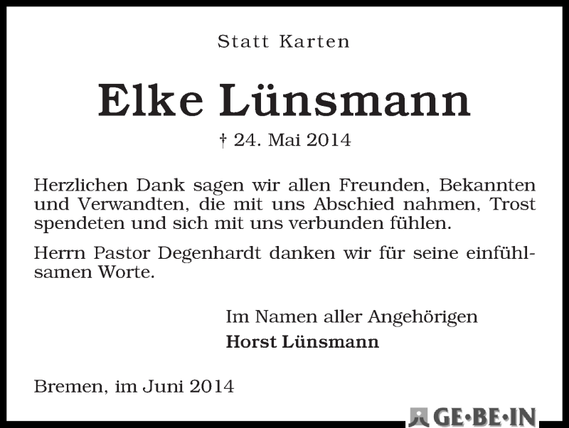 Traueranzeige von Elke Lünsmann von WESER-KURIER