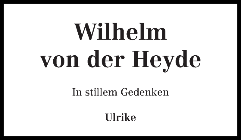 Traueranzeige von Wilhelm von der Heyde von Wuemme Zeitung