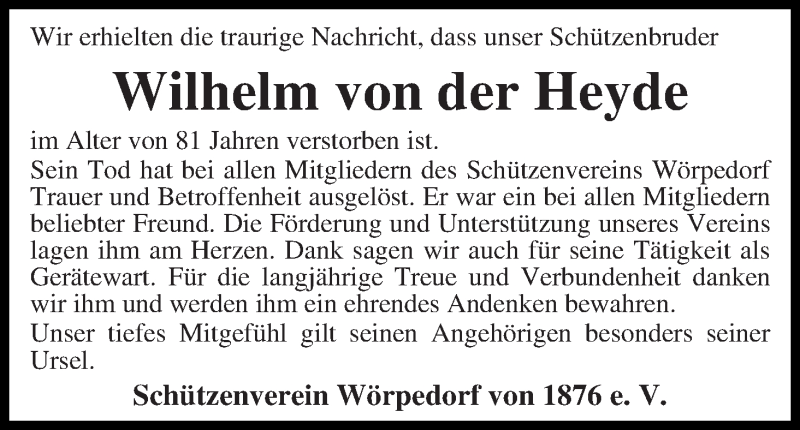 Traueranzeige von Wilhelm von der Heyde von Wuemme Zeitung