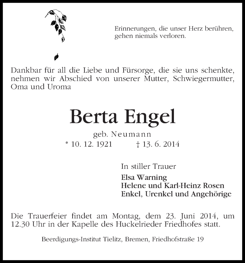Traueranzeige von Berta Engel von WESER-KURIER