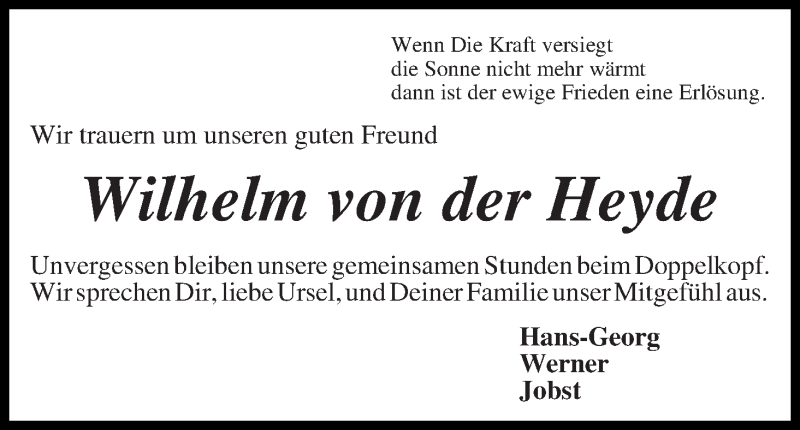 Traueranzeige von Wilhelm von der Heyde von Wuemme Zeitung