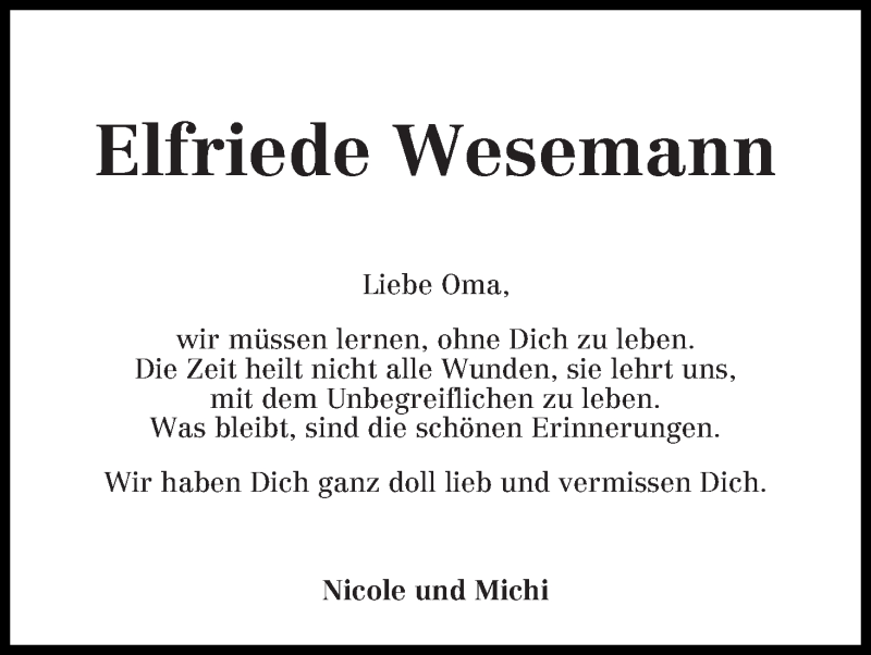 Traueranzeige von Elfriede Wesemann von WESER-KURIER
