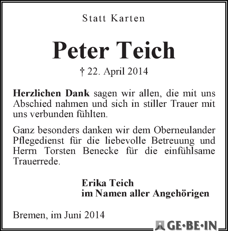 Traueranzeige von Peter Teich von WESER-KURIER