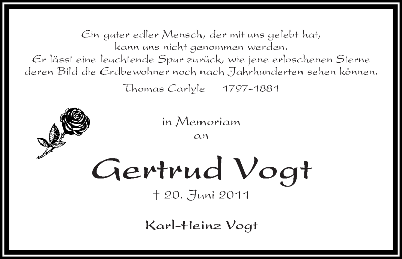 Traueranzeige von Gertrud Vogt von WESER-KURIER