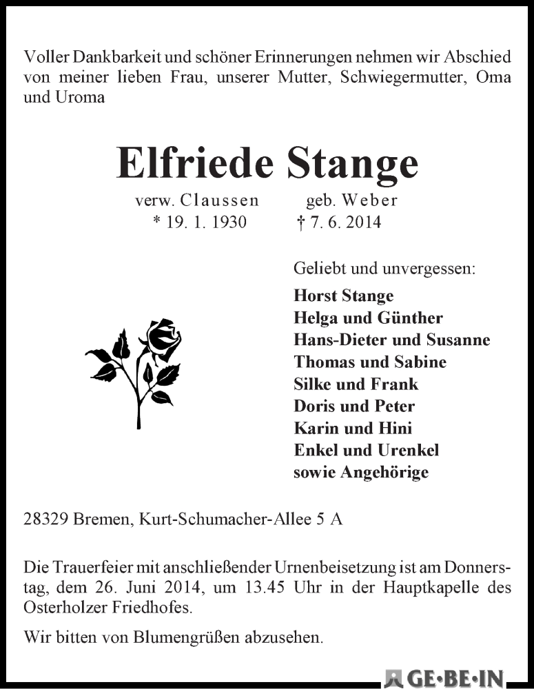 Traueranzeige von Elfriede Stange von WESER-KURIER