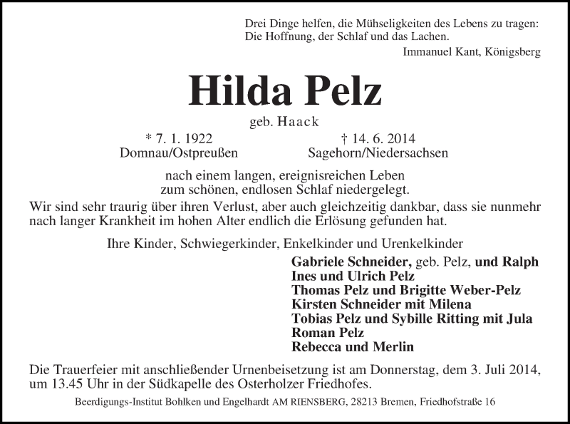 Traueranzeige von Hilda Pelz von WESER-KURIER
