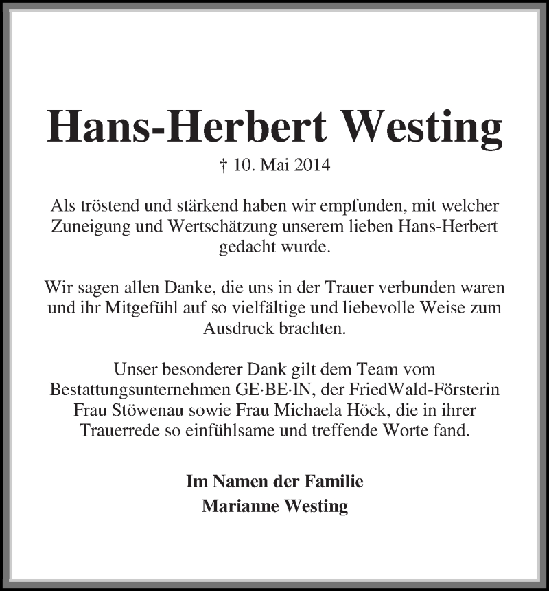 Traueranzeige von Hans-Herbert Westing von WESER-KURIER