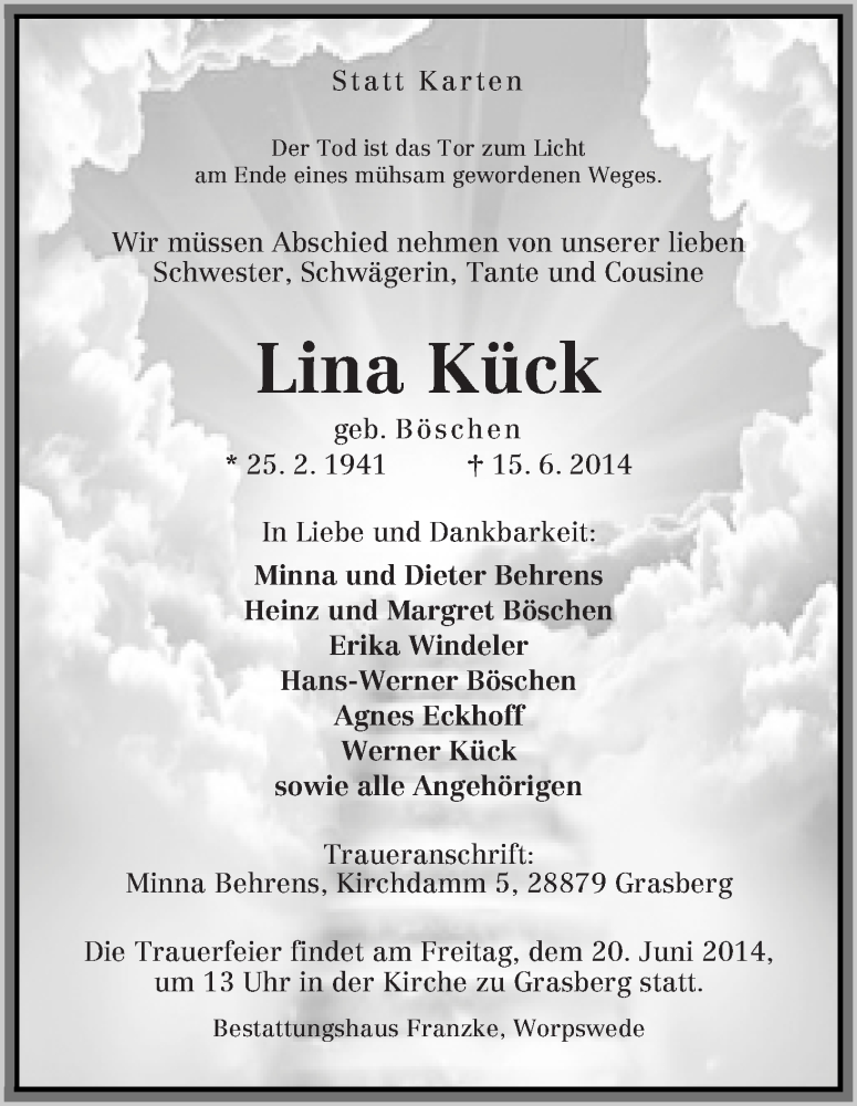 Traueranzeige von Lina Kück von Wuemme Zeitung