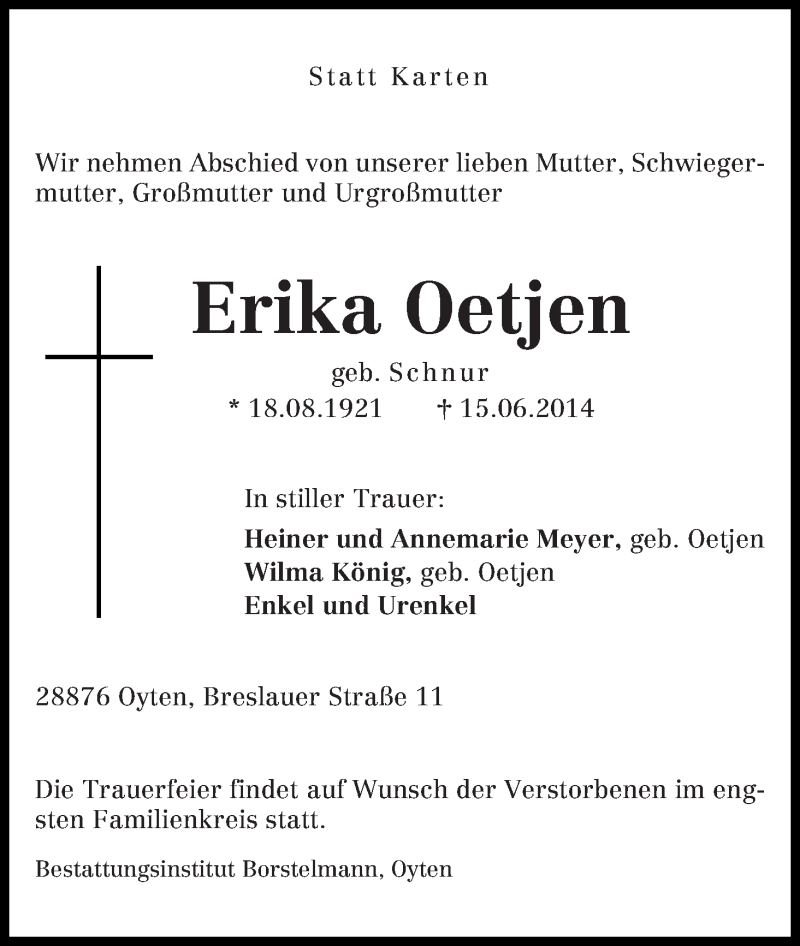 Traueranzeige von Erika Oetjen von Achimer Kurier/Verdener Nachrichten