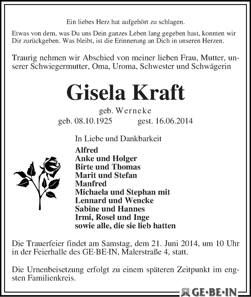Traueranzeige von Gisela Kraft von WESER-KURIER