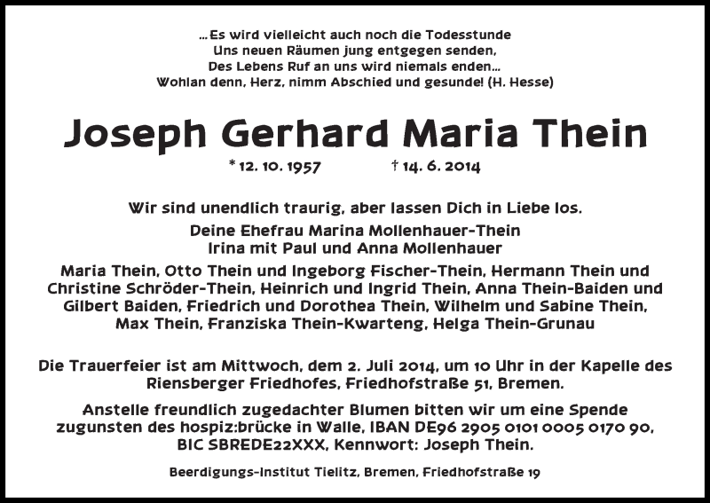 Traueranzeige von Joseph Gerhard Maria Thein von WESER-KURIER