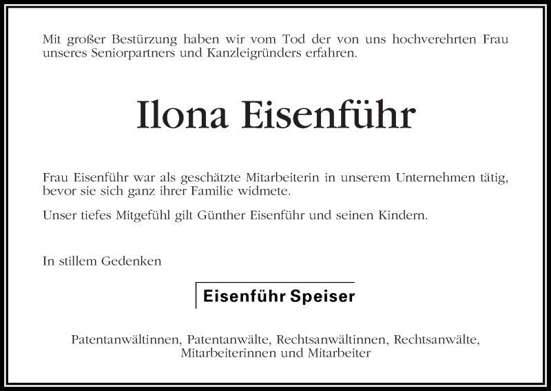 Traueranzeige von Ilona Eisenführ von WESER-KURIER