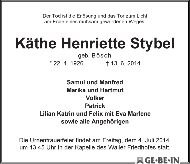 Traueranzeige von Käthe Henriette Stybel von WESER-KURIER