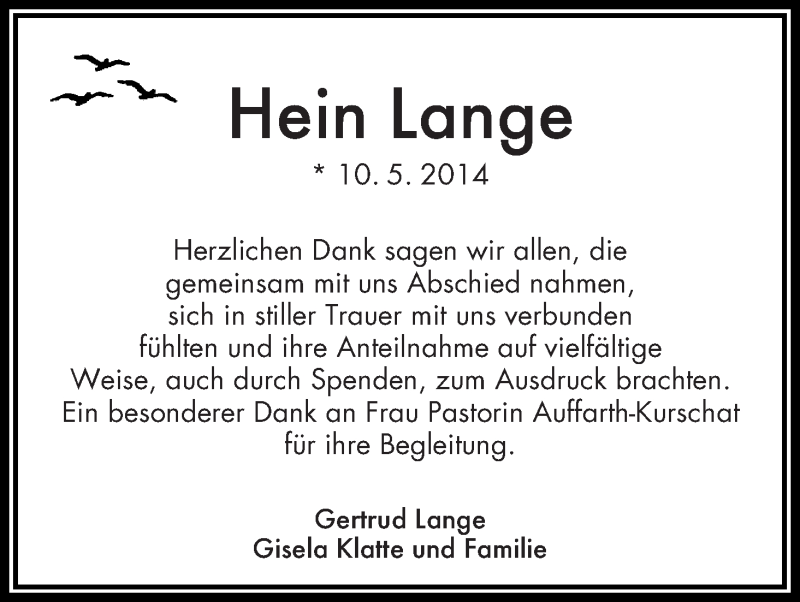 Traueranzeige von Hein Lange von WESER-KURIER
