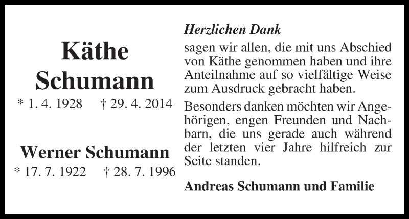 Traueranzeige von Käthe Schumann von WESER-KURIER