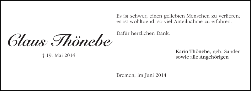 Traueranzeige von Claus Thönebe von WESER-KURIER