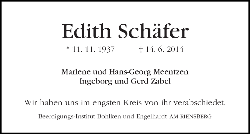 Traueranzeige von Edith Schäfer von WESER-KURIER