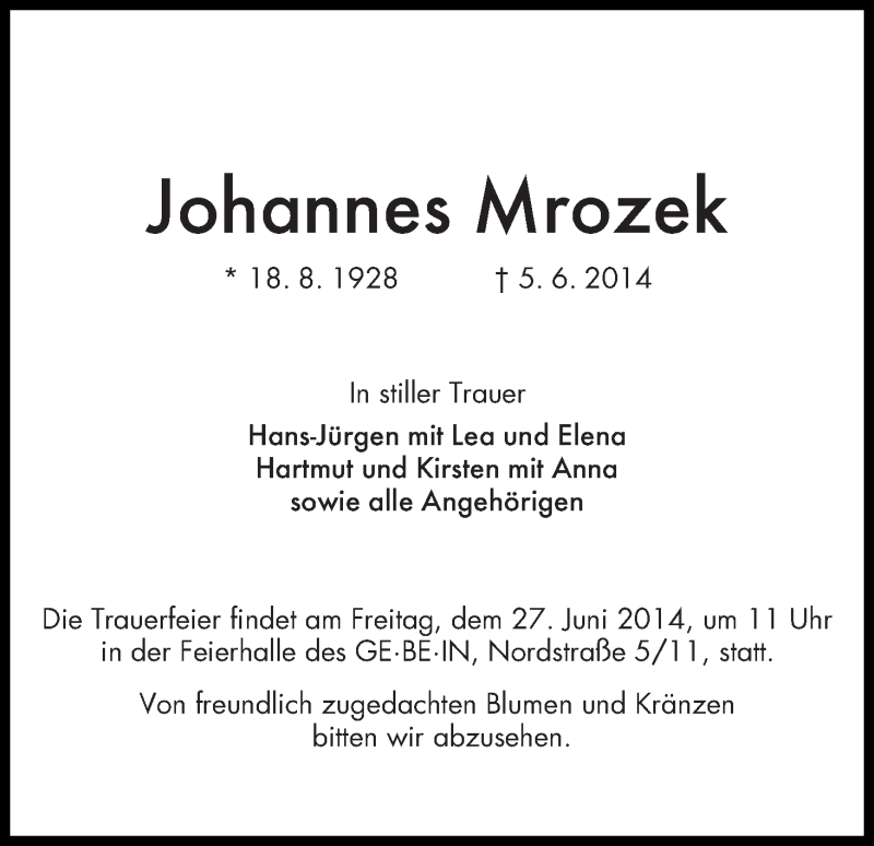Traueranzeige von Johannes Mrozek von WESER-KURIER