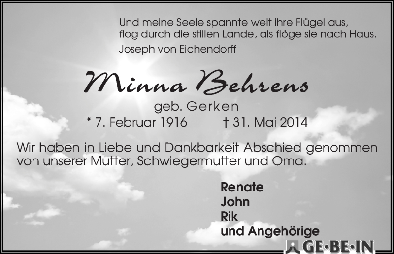 Traueranzeige von Minna Behrens von WESER-KURIER