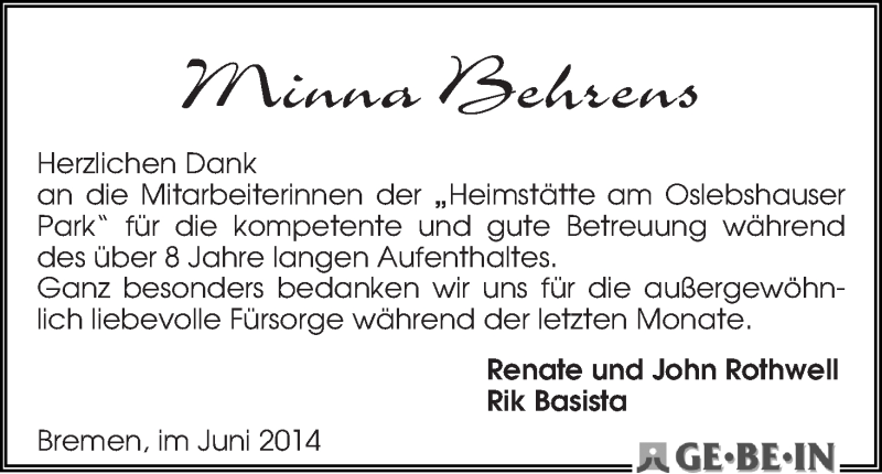 Traueranzeige von Minna Behrens von WESER-KURIER