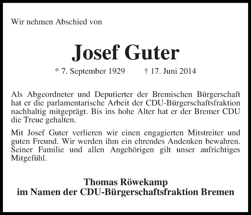 Traueranzeige von Josef Guter von WESER-KURIER
