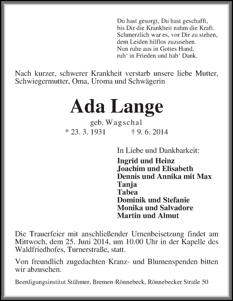 Traueranzeige von Ada Lange von Die Norddeutsche
