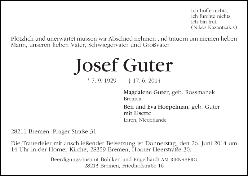 Traueranzeige von Josef Guter von WESER-KURIER