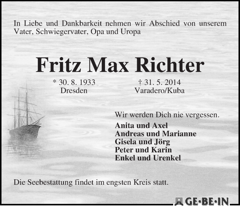 Traueranzeige von Fritz Max Richter von WESER-KURIER