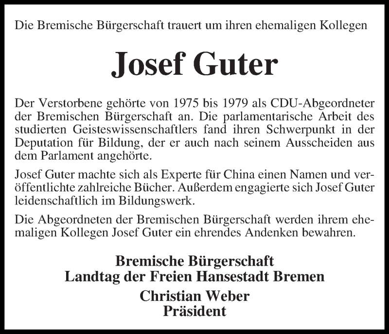 Traueranzeige von Josef Guter von WESER-KURIER