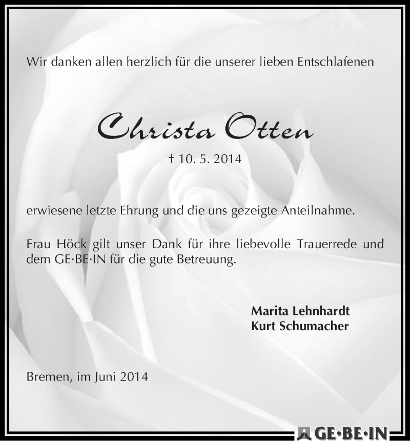 Traueranzeige von Christa Otten von WESER-KURIER