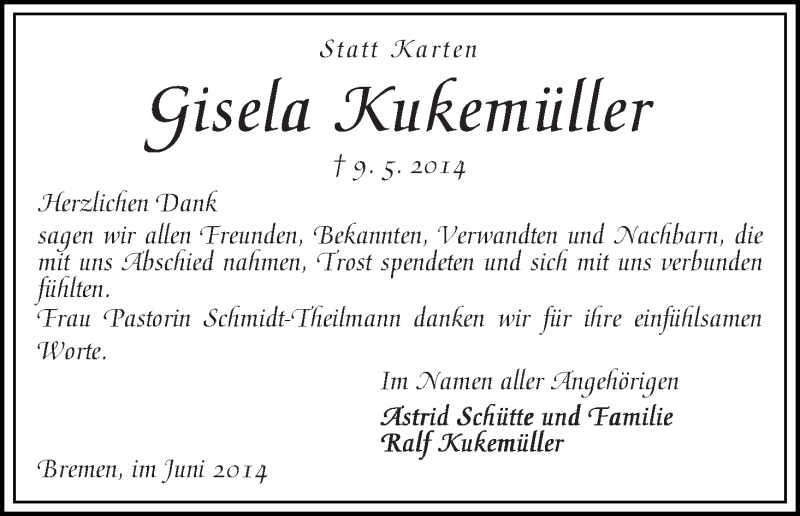 Traueranzeige von Gisela Kukemüller von WESER-KURIER