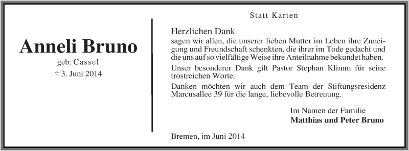 Traueranzeige von Anneli Bruno von WESER-KURIER