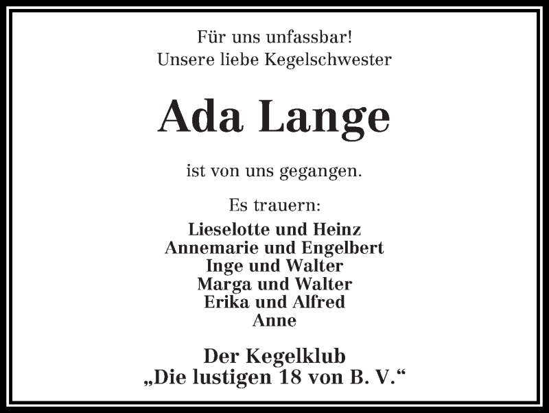 Traueranzeige von Ada Lange von Die Norddeutsche