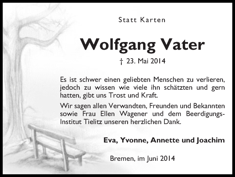 Traueranzeige von Wolfgang Vater von WESER-KURIER