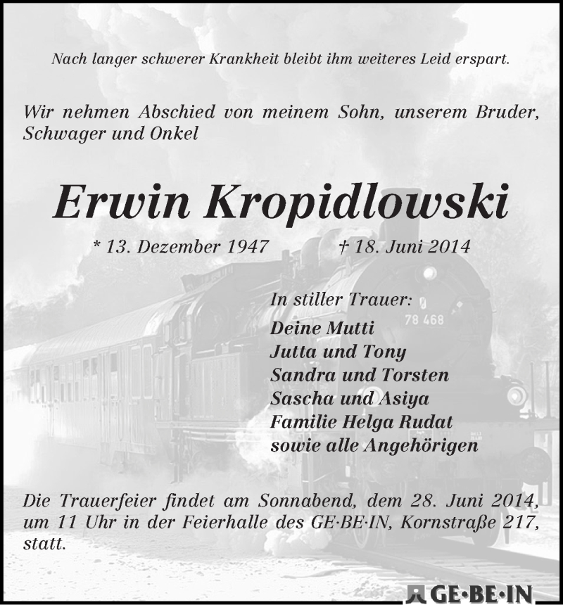 Traueranzeige von Erwin Kropidlowski von WESER-KURIER