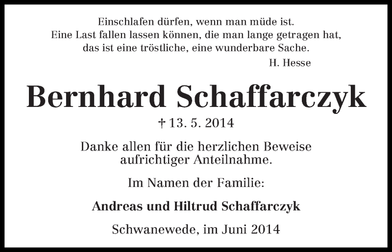 Traueranzeige von Bernhard Schaffarczyk von Die Norddeutsche