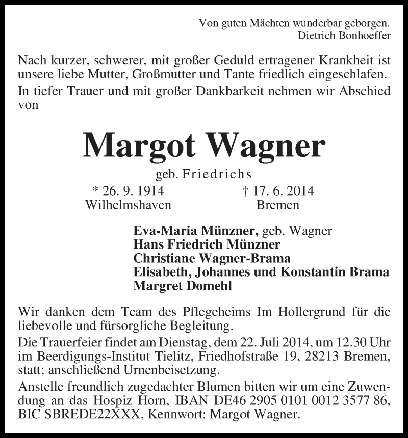 Traueranzeige von Margot Wagner von WESER-KURIER