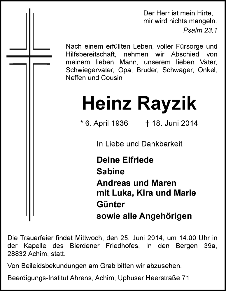 Traueranzeige von Heinz Rayzik von WESER-KURIER