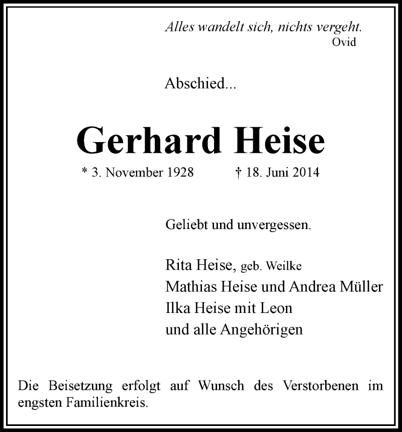 Traueranzeige von Gerhard Heise von WESER-KURIER