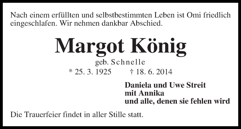 Traueranzeige von Margot König von WESER-KURIER