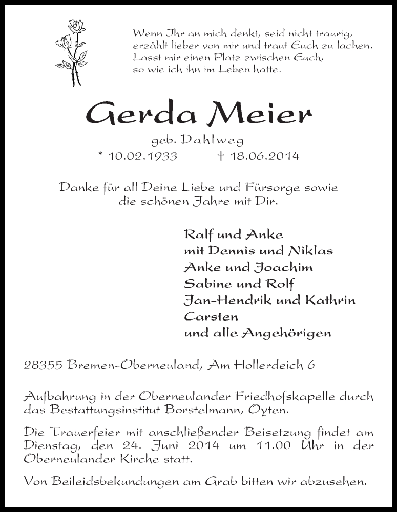 Traueranzeige von Gerda Meier von Wuemme Zeitung