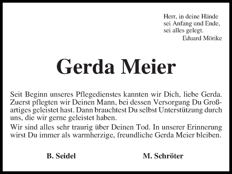 Traueranzeige von Gerda Meier von WESER-KURIER
