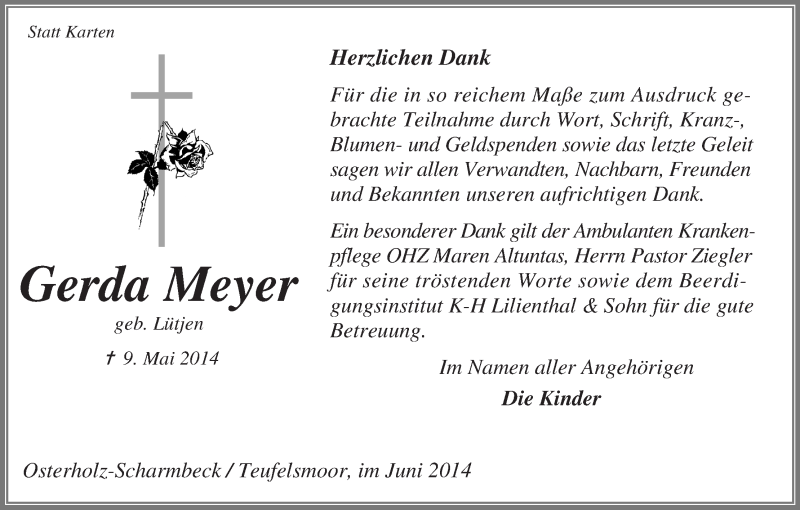 Traueranzeige von Gerda Meyer von Osterholzer Kreisblatt