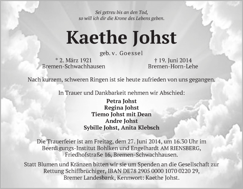 Traueranzeige von Kaethe Johst von WESER-KURIER