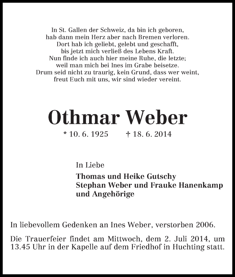 Traueranzeige von Othmar Weber von WESER-KURIER