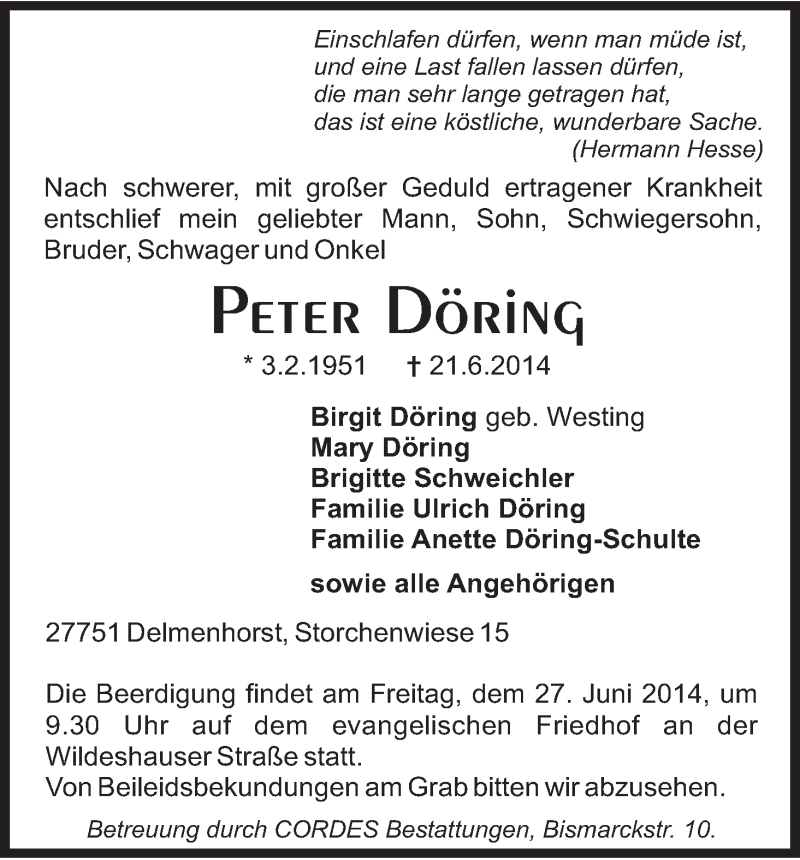 Traueranzeige von Peter Döring von WESER-KURIER