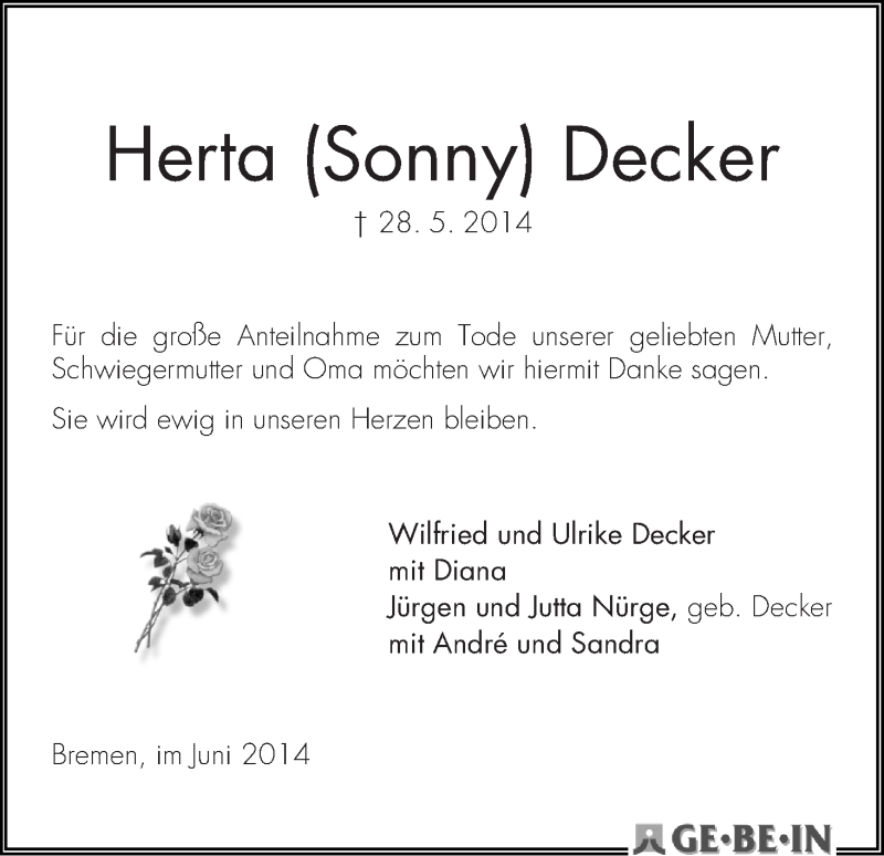 Traueranzeige von Herta Decker von WESER-KURIER