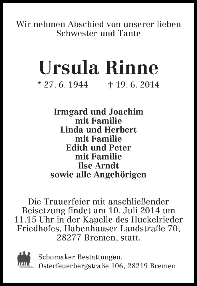 Traueranzeige von Ursula Rinne von WESER-KURIER