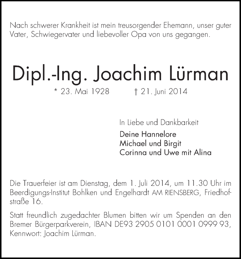 Traueranzeige von Joachim Lürmann von WESER-KURIER